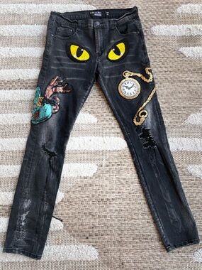 Black Embroidered Boot-Cut Jeans 🪄 Alice in Wonderland Beads & Pathwork